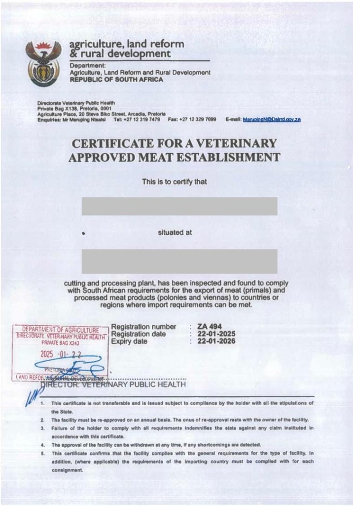Veterinary Certificate ZA 494